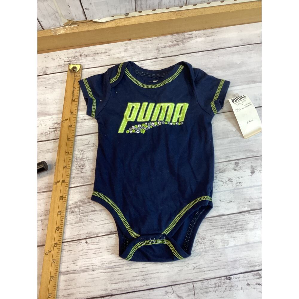 PUMA Sports One Piece Onesies Size 3-6M Navy Blue Green Logo Short Sleeve